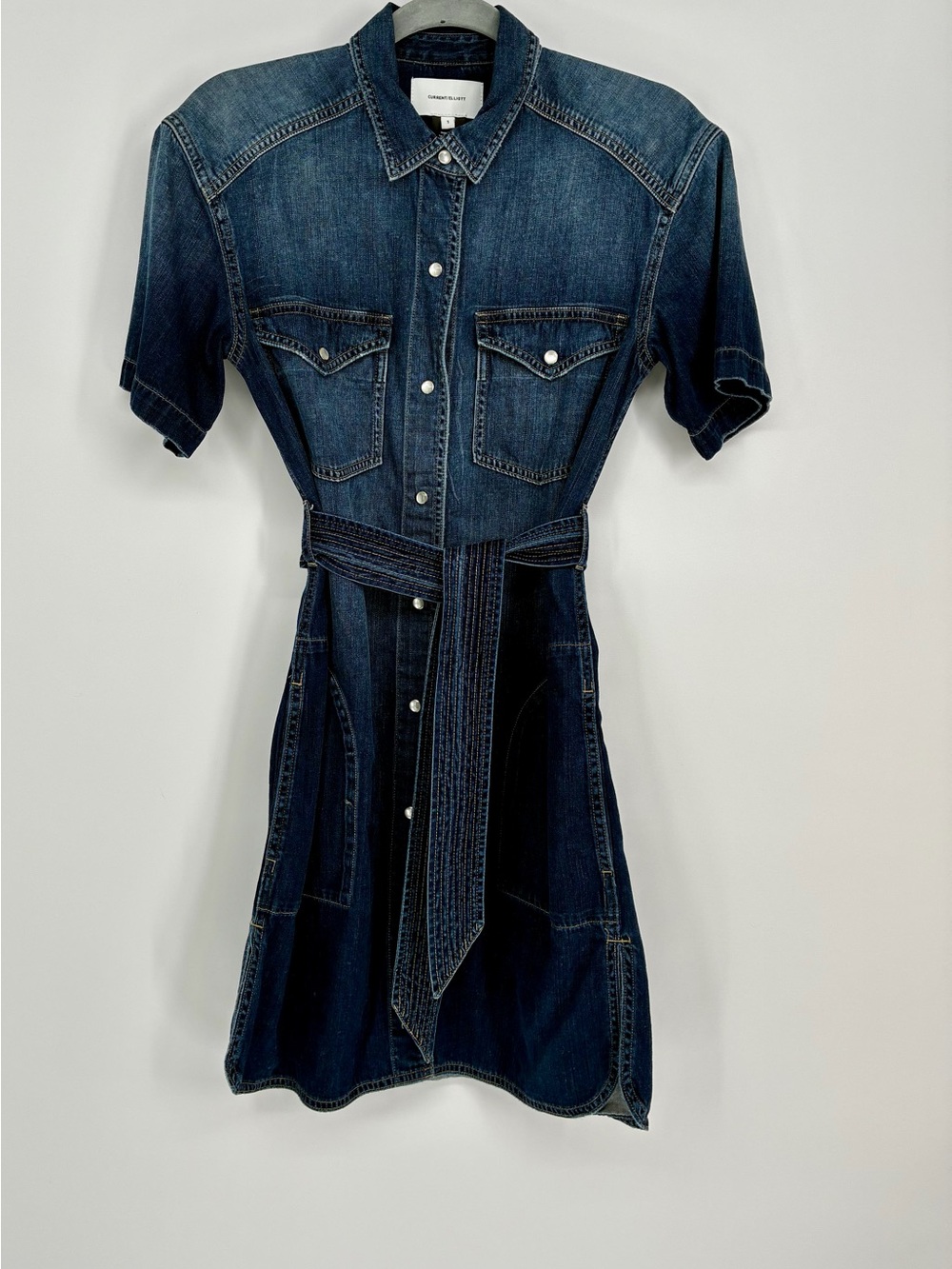 Current/Elliott Short Sleeve Belted Denim Shirt Dress Snap Front Sz 1